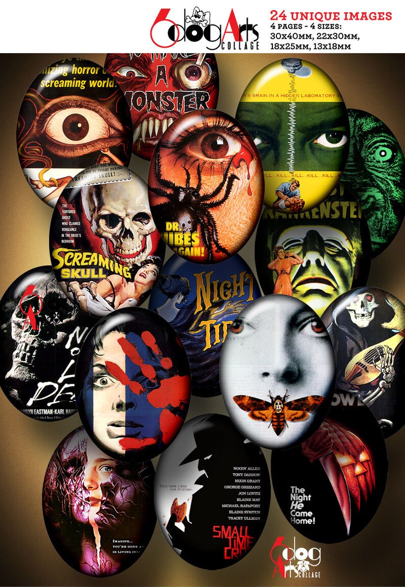 May include: A collage of 24 unique images featuring vintage horror movie posters. The images are in various sizes and are arranged in a circular pattern. The images are all in color and feature a variety of horror movie themes, including monsters, skulls, and blood. The text "DogArts Collage" is visible in the bottom right corner of the image.