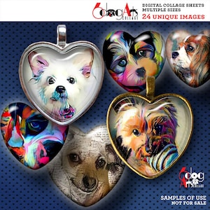 Dog Painting Digital Collage Sheets Printable Download for Pendants Cabochons Paper Crafts Downloadable 1.5x1.5 & 1x1 inch Hearts JC-003H