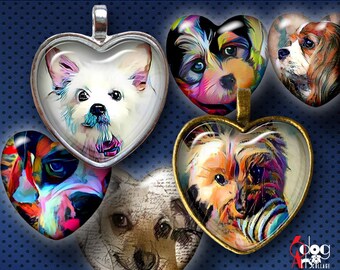 Dog Painting Digital Collage Sheets Printable Download for Pendants Cabochons Paper Crafts Downloadable 1.5x1.5 & 1x1 inch Hearts JC-003H
