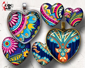 Paisley Digital Printable Collage Sheet for Heart Shaped Pendants (1.5x1.5 & 1x1 inch) (Digital Download)