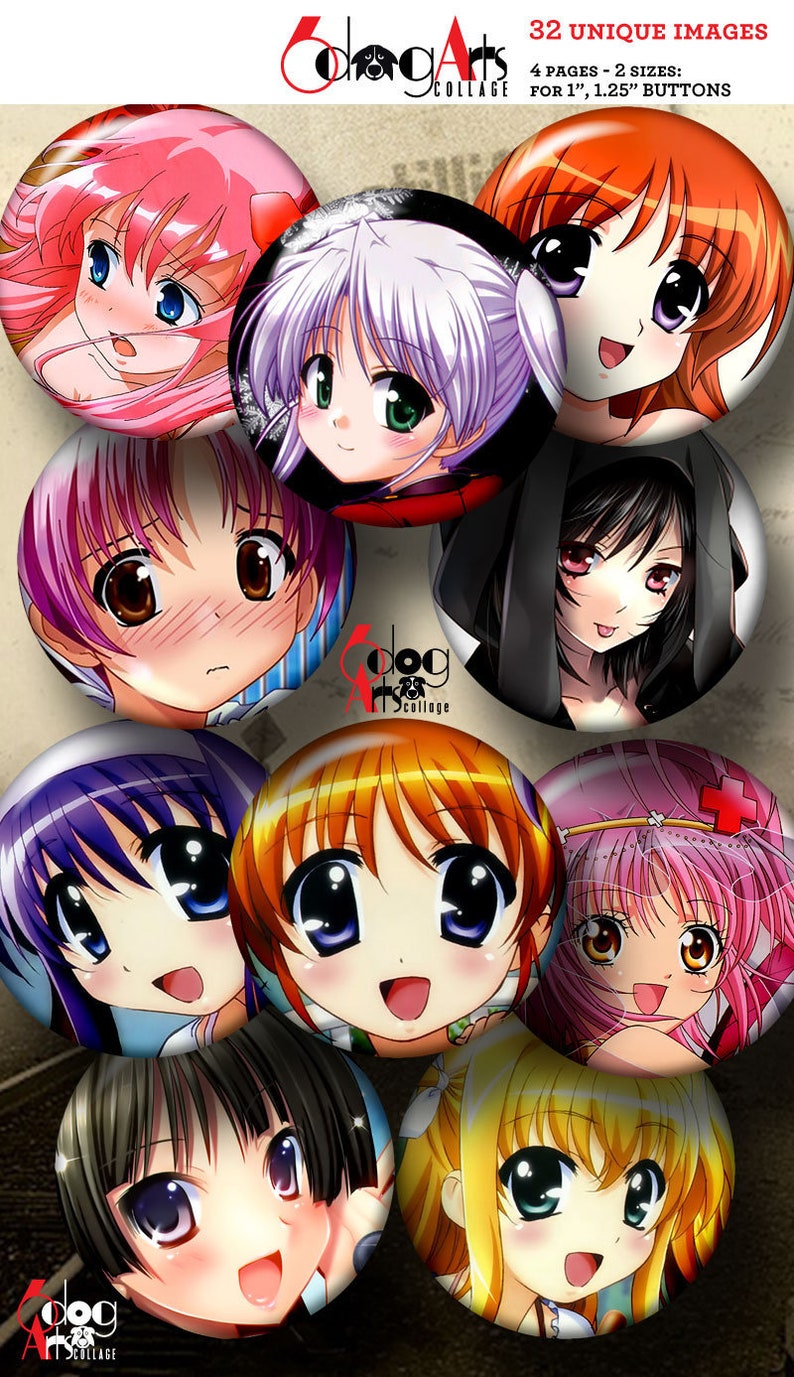 Anime Manga Digital Collage Sheets Printable 1.629", 1.373" Circles for 1.25", 1" Buttons, Magnets, Glass Cabochons Digital Download JC-181B image 2