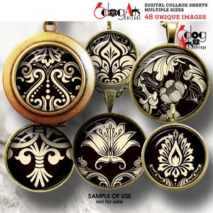 Damask Patterns Digital Collage Sheets Printable Downloads Bottle Caps Pendants Scrapbooking 40mm, 1.5&quot;, 1.25&quot;, 1&quot;, 30mm, 25mm Circles JC110