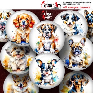 Feuilles de collage numérique aquarelle chien chiots imprimables 2,755" 2,088" 1,85" 1,629" 1,375" cercles pour 2,25" 1,75" 1,5" 1,25" boutons JC-456B