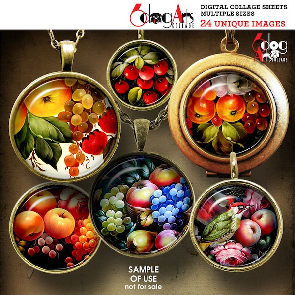 Russian Folk Fruits Digital Collage Sheets Printable Downloads Mini Bottle Cap Pendant Crafts 20mm, 18mm, 16mm, 14mm, 12mm Circles JC-044