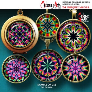 May include: Six colorful mandala designs in round glass pendants with gold metal frames. The pendants are hanging on chains. The text "Digital Collage Sheets Multiple Sizes 24 Unique Images" is at the top of the image.