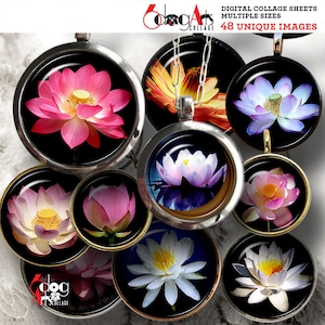 Lotus Flower Digital Collage Sheets Printable Download Mini Bottle Caps Pendants Paper Crafts 20mm, 18mm, 16mm, 14mm, 12mm Circles JC-239