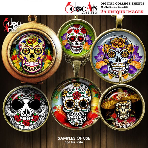 Sugar Skull Calavera Día de los Muertos Day of the Dead Digital Collage Sheets Printable 40mm 1.5" 1.25" 30mm 1" 25mm Circles JC-190