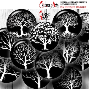 Puede incluir: Conjunto de 24 hojas de collage digital con imágenes en silueta de árboles en blanco y negro con diferentes ramas y patrones de hojas. Las imágenes son perfectas para manualidades, scrapbooking y proyectos de diseño digital.