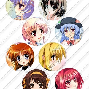 K&ouml;nnte beinhalten: Ein Satz von acht Anime-Charakterillustrationen, jede mit einer anderen Frisur und Augenfarbe. Die Charaktere sind alle weiblich und haben gro&szlig;e Augen. Die Illustrationen sind in einem kreisf&ouml;rmigen Format mit wei&szlig;em Hintergrund.