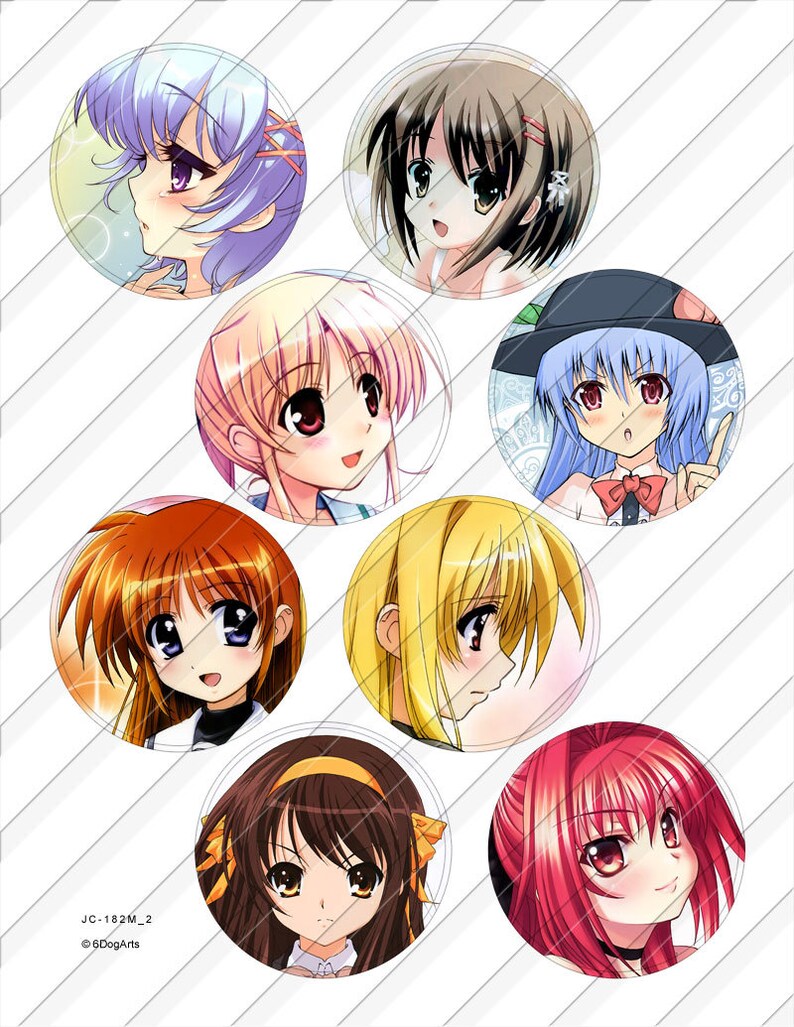 K&ouml;nnte beinhalten: Ein Satz von acht Anime-Charakterillustrationen, jede mit einer anderen Frisur und Augenfarbe. Die Charaktere sind alle weiblich und haben gro&szlig;e Augen. Die Illustrationen sind in einem kreisf&ouml;rmigen Format mit wei&szlig;em Hintergrund.