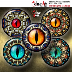 Sci-Fi Eyes Digital Collage Sheets Printable Downloadable Images Bottle Caps Pendants Cabochons 1.5&quot;, 1.25&quot;, 1&quot;, 30mm, 25mm Circles JC-229