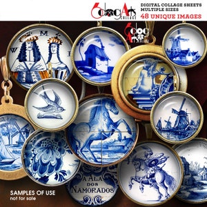 Può includere: Un set di 12 fogli di collage digitale con motivi Delftware in blu e bianco. I motivi includono mulini a vento, cavalli, uccelli e altri motivi olandesi tradizionali. Le immagini sono perfette per creare artigianato digitale, scrapbooking e altri progetti creativi.