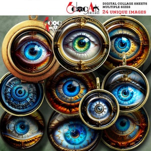 Steampunk Fantasy Eyes Download Digital Collage Sheets Printable Images Pendants Crafts Scrapbooking 1.5&quot; 1.25&quot; 1&quot; 30mm 25mm Circles JC-446C