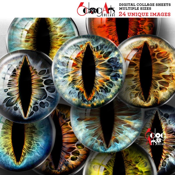 Creature Cat Dragon Eyes Irides Digital Collage Sheets Printable Files Jewelry 40mm, 1.5, 1.25, 1", 30, 25mm Circles Download JC-372