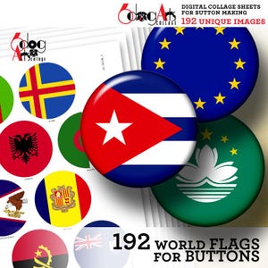 192 World Flags Digital Collage Sheets Printable Download 2.625&quot; (70mm) Circles for  2.25&quot; (53mm) Buttons, Pocket Mirrors JC-363M
