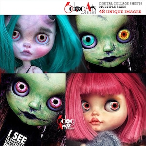 May include: Four digital collage sheets featuring images of dolls with different colored hair and eyes. The dolls have stitched-up mouths and are wearing different outfits. The text "I see dump" is visible in the bottom left corner of the image. The text "6dogArts Collage" is visible in the top right corner of the image.