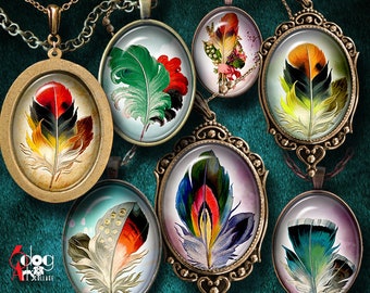 Vintage Feather Digital Collage Sheets Printable Download - Pendants Cabochons Scrapbooking 30x40mm, 22x30mm, 18x25mm, 13x18mm Ovals JC-038O