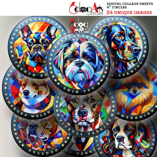 Dogs Abstract Painting Digital Collage Sheets Printable Downloads Glass Cabochons Paper Crafts 20mm, 18mm, 16mm, 14mm, 12mm Circles JC-452C