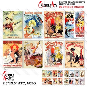 May include: Digital collage sheets featuring 16 unique vintage images. The images include advertisements for the Moulin Rouge, Parker pens, and other products. The collage sheets measure 2.5" x 3.5" (6.35 cm x 8.89 cm).