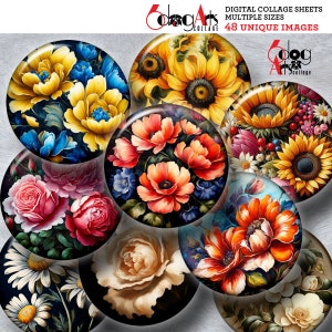 Blumen Malerei Digital Collage Sheets Printable Download für Glas Cabochons Anhänger Handwerk 1,5, 1,25, 1 Zoll, 30, 25 mm Kreise JC-465