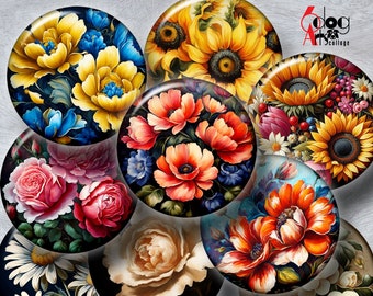 Flower Painting Digital Collage Sheets Printable Download for Glass Cabochons Pendants Crafts 1.5, 1.25, 1 inch, 30, 25mm Circles JC-465