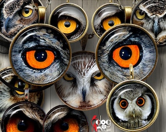 Owls, Owl Eyes Digital Collage Sheets Printable Download for Mini Bottle Caps Pendants Cabochon Crafts 20, 18, 16, 14, 12mm Circles JC-021