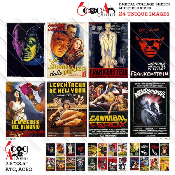 24 Vintage Horror Movie Posters 2.5"x3.5" ATC ACEO Cards Digital Collage Sheets Printable Download for Scrapbooking, Paper Crafts JC-156