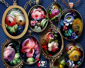 Russian Folk Art Digital Collage Sheets Printable Download Pendants Cabochons Crafts 30x40mm, 22x30mm, 18x25mm, 13x18mm Ovals JC-046O