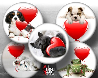 Valentine's Animals Digital Collage Sheets Printable Images for Bottle Caps Pendants Cabochons 40mm, 1.5, 1.25, 1", 30, 25mm Circles JC-326C