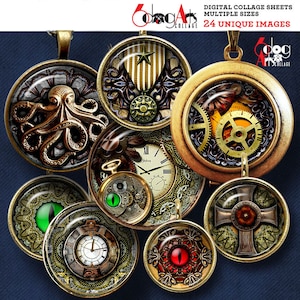 Steampunk Designs Digital Collage Sheets Printable Downloads Bottle Caps Pendants Glass Cabochons 1.5&quot;, 1.25&quot;, 30mm, 1&quot;, 25mm Circles JC-298