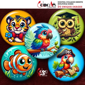 Cartoon Animals Digital Collage Sheets Printable 2.755", 2.088", 1.85", 1.629", 1.375" Circles for 2.25", 1.75", 1.5", 1.25" Buttons JC-455B