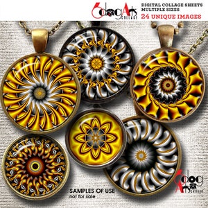 May include: A collection of round pendant necklaces with abstract, geometric designs in shades of yellow, black, and white. The pendants are set in antique bronze-colored bezels and hang from matching chains. The image includes text that reads "DIGITAL COLLAGE SHEETS MULTIPLE SIZES 24 UNIQUE IMAGES".