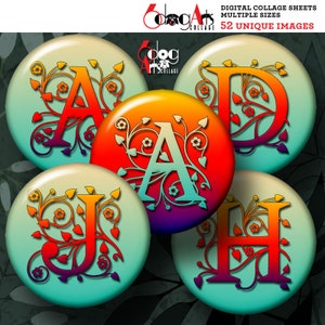 Può includere: Set di sei fogli di collage digitale con lettere A, D, H, I e J ornate e colorate. Ogni lettera è circondata da un motivo di viticci a spirale con accenti rossi, arancioni, gialli, verdi, blu e viola. Le lettere sono su uno sfondo bianco. 52 immagini uniche.