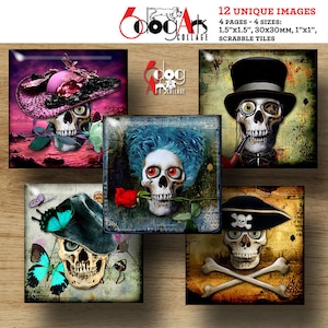 May include: Twelve unique images of skulls with different accessories and backgrounds. The images are printed on square tiles, measuring 1.5 inches by 1.5 inches, 30 millimetres by 30 millimetres, and 1 inch by 1 inch. The tiles are suitable for use as Scrabble tiles.