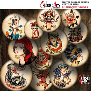 Retro Tattoos Digital Collage Sheets Printable Download 2.755&quot;, 1.629&quot;, 1.375&quot; Circles for 2.25&quot;, 1.25&quot;, 1&quot; Buttons, Pocket Mirrors JC-108M