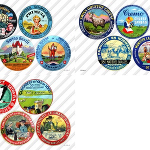 May include: A collection of vintage cheese labels with colorful designs. The labels feature illustrations of landscapes, people, and animals, along with text in various languages. The labels are round and vary in size.