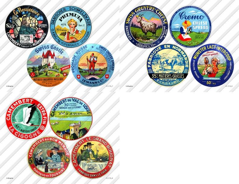May include: A collection of vintage cheese labels with colorful designs. The labels feature illustrations of landscapes, people, and animals, along with text in various languages. The labels are round and vary in size.