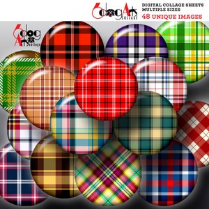 May include: A set of 12 digital collage sheets featuring various plaid patterns in different colors, including red, green, blue, yellow, and white. The sheets are designed for crafting and scrapbooking projects.