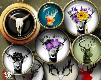May include: A set of 24 digital collage sheets featuring deer, antlers, and skulls. The images are in various styles, including watercolor, black and white, and graphic. The text "Oh, deer!" is featured on one of the images.