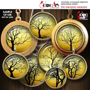 Tree Silhouettes Digital Collage Sheets Printable Downloads for Bottle Caps Pendants Crafts 1.5&quot;, 1.25&quot;, 1&quot;, 30mm, 25mm Circles JC-074C