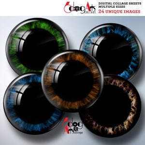 May include: Five colorful eye designs with black pupils and different colored irises. The colors are green, blue, brown, blue, and brown. The eyes are arranged in a circle.