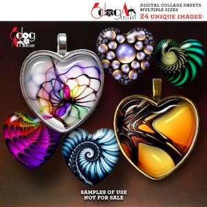 Fractal Art Digital Collage Sheets Printable Download for Pendants Cabochons Paper Crafts Downloadable 1.5x1.5 & 1x1 inch Hearts JC-001H