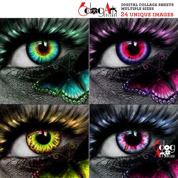 Neon Eyes Digital Collage Sheets Printable Download 20mm-6mm Circles JC-379