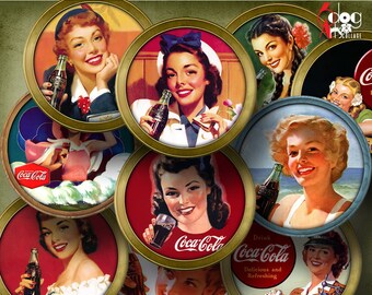 Vintage Coca Cola Ad Girls Digital Collage Sheets Printable Download 4" Circles for Coasters, Paperweights, Magnets, Scrapbooking JC-344