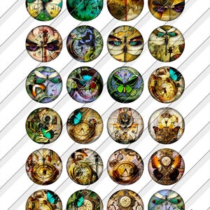 Steampunk Dream Digital Collage Sheets Printable Download Bottle Caps Pendants Paper Crafts 1.5, 1.25, 1, 30mm, 25mm Circles JC-369C image 3