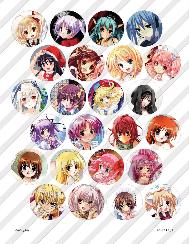 Anime Manga Digital Collage Sheets Printable 1.629", 1.373" Circles for 1.25", 1" Buttons, Magnets, Glass Cabochons Digital Download JC-181B image 4