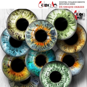Realistische Augen mit kleinen Pupillen Digital Collage Sheets Printable Iris Doll Eye Chips - 10 Größen - 20 mm bis 4 mm Kreise JC-184a