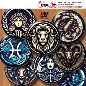 Może przedstawiać: Arkusz kolażu cyfrowego z 12 unikalnymi obrazami na guziki 7,6 cm. Każdy projekt przedstawia szczegółowe ilustracje znaków zodiaku, symboli astrologicznych i postaci w okrągłym formacie, z ciemnoniebieską i kremową kolorystyką.