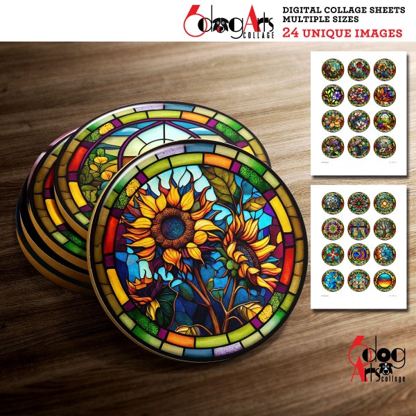 4", 3" and 2" Circles - Stained Glass Digital Collage Sheets Printable Download for Coasters, Paperweights, Magnets, Scrapbooking JC-439