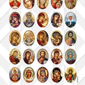 May include: A set of 25 oval-shaped, colorful, religious icons featuring various saints and biblical figures. The icons are painted in a traditional style with gold accents.